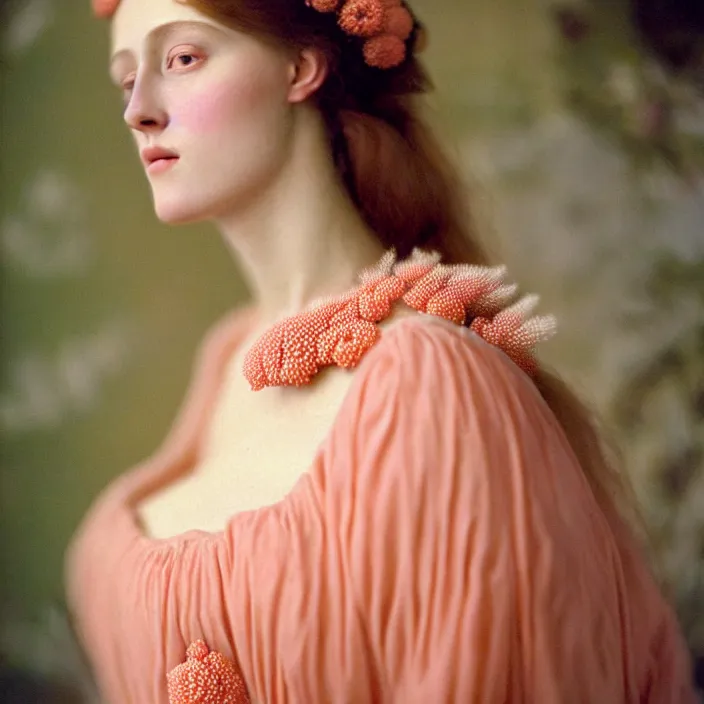 Image similar to Kodak Portra 400, 8K, soft light, volumetric lighting, highly detailed, britt marling style 3/4 ,portrait photo of a beautiful woman how pre-Raphaelites painter, dressed in long elegant intricate ornamental ethereal coral and shells dress, natural skin tone, highly detailed realistic flowers ornament in the upper side of breast, bust with a long beautiful neck , long dark hair are intricate with highly detailed realistic coral and shells, elegant, Realistic, Refined, Highly Detailed, natural outdoor soft pastel lighting colors scheme, outdoor fine art photography, Hyper realistic, photo realistic