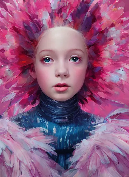 Prompt: beautiful little girl with an pink eccentric haircut wearing an dress made of feathers dancing on stage, artwork made by ilya kuvshinov, inspired in donato giancola, hd, ultra realistic, reflection, flowers, light, realistic face