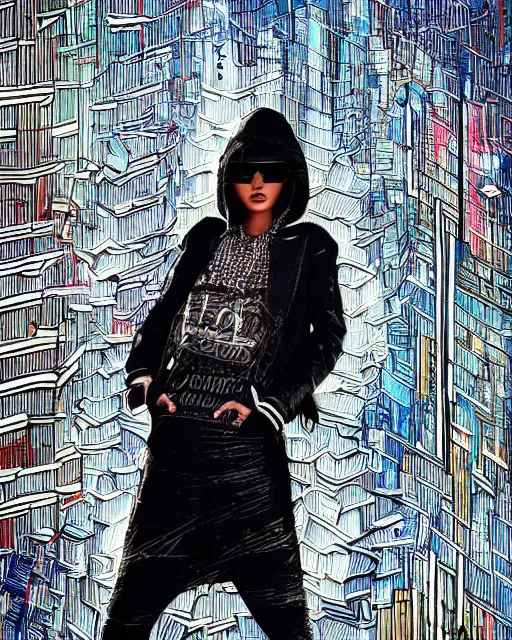 Image similar to cypherpunk fashion illustration, city street background with high tall buildings, abstract portrait highly detailed, finely detailed