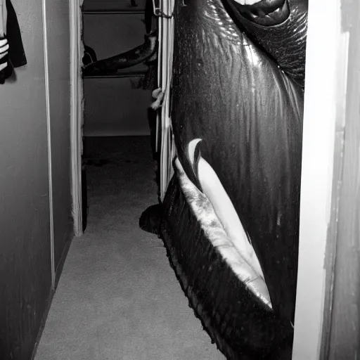 Image similar to grainy photo of an orca as a creepy monster in a closet, harsh flash