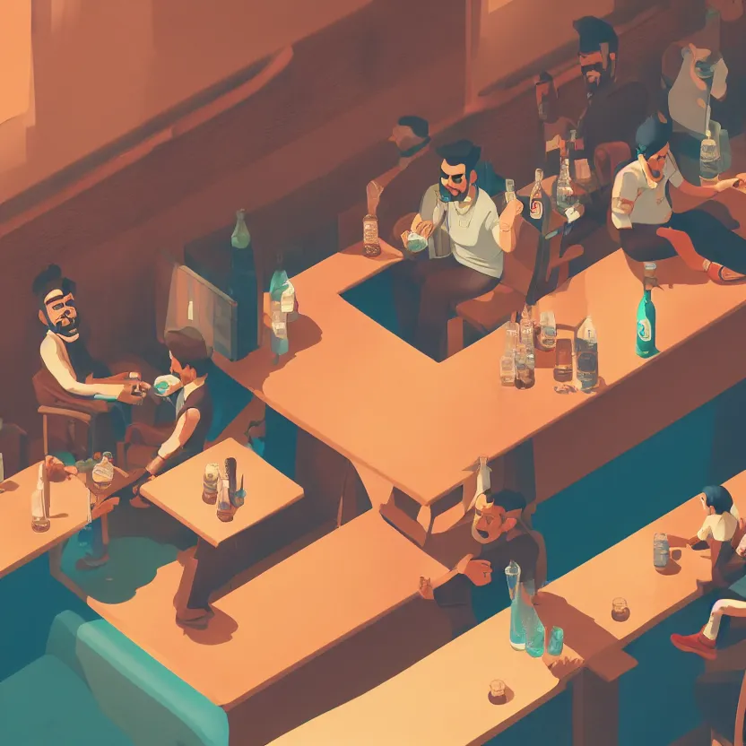 Image similar to virat kholi sitting in a bar, with a huge belly, drinking heavily, isometric, wide view, cinematic view, ultrarealistic, 8 k, unreal engine, by atey ghailan, artstation