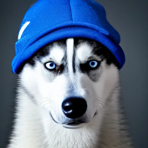 Prompt: a studio photo of a husky wearing a blue cap,photorealistic,professional photography,focus,50mm lens,hyperdetailed,studio lighting,3 point lighting,detailed face,cute