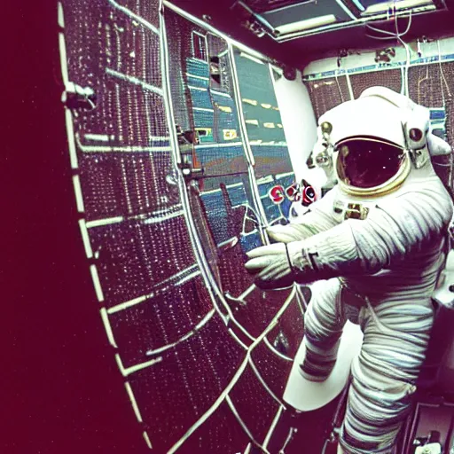 Prompt: an astronaut doing a spacewalk around a huge modular synthesizer in orbit around an alien planet patching cables, 35mm film, super wide angle