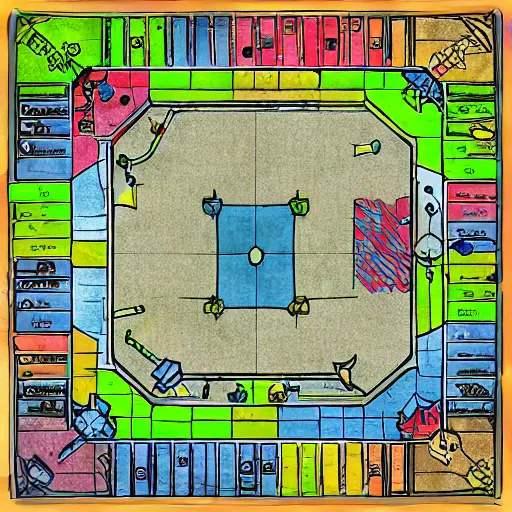 Prompt: tabletop rpg battle map, grid, top down, highly detailed, colorful, architectural, digital