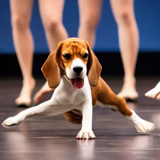 Prompt: a beagle dancing on its hind legs on stage in front of an audience