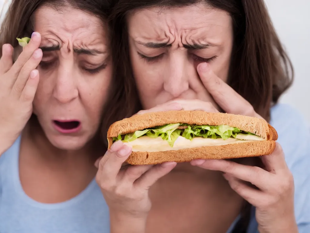 Prompt: woman very upset that she dropped her sandwich on the floor and starts bawling and crying, High Definition detail, 8K, photography