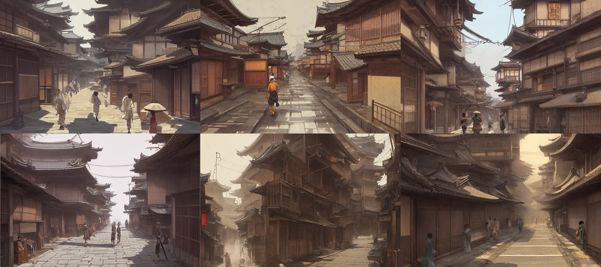 Prompt: a edo japanese city street, hot and dry, architecture, a realistic digital painting by greg rutkowski and james gurney, trending on artstation, very highly detailed, 8 k