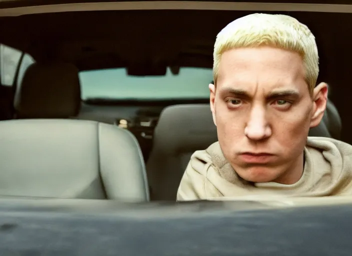 Image similar to a very high resolution image from a new movie, eminem in a car car. inside of a car. alone. mountains, directed by wes anderson