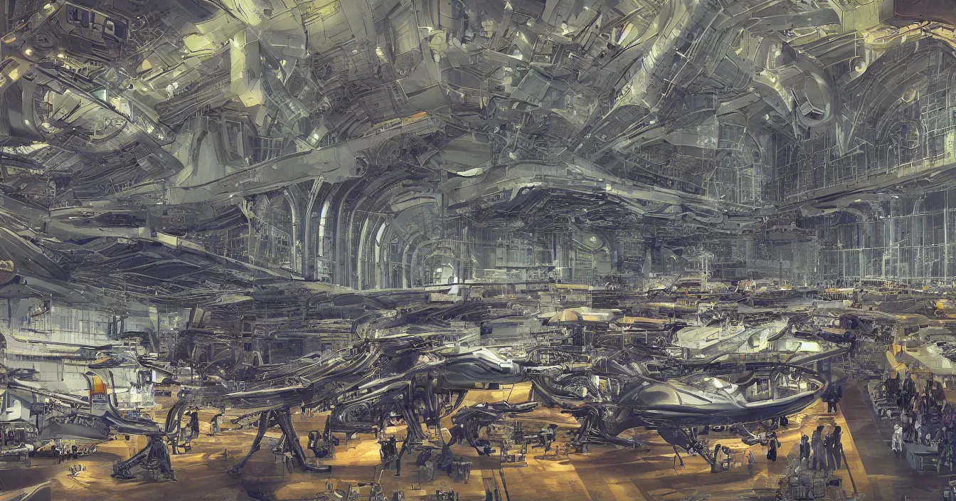 Image similar to Interior of the hall in area 55, full of alien military equipment, engineers working on flying wings, components, secret photography, high detail, wide perspective, saturated colors, digital art, amazing concept art