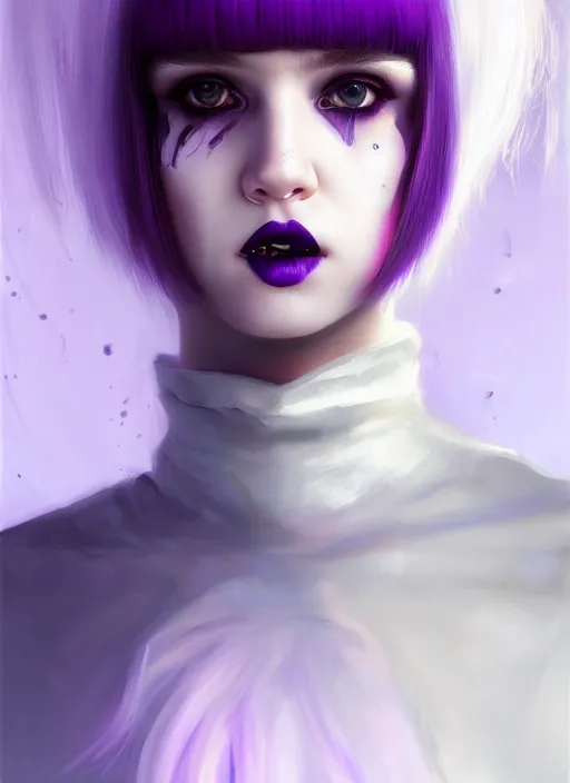 Image similar to portrait of white teenage girl, normal face, white bangs, mall goth, cyberlox, black and white hair, bangs, fluffy bangs, red contact lenses, purple lipstick, intricate, elegant, highly detailed, digital painting, artstation, concept art, sharp focus, smooth, illustration, art by wlop, mars ravelo and greg rutkowski