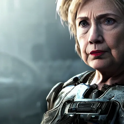 Image similar to hillary clinton in gears of war, splash art, movie still, cinematic lighting, dramatic, octane render, long lens, shallow depth of field, bokeh, anamorphic lens flare, 8 k, hyper detailed, 3 5 mm film grain