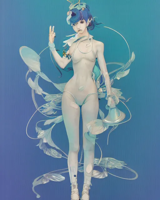 Prompt: james jean isolated vinyl figure harajuku anime character design, figure photography, dynamic pose, holographic undertones, glitter accents on figure, anime stylized, accurate fictional proportions, high delicate defined details, ethereal lighting
