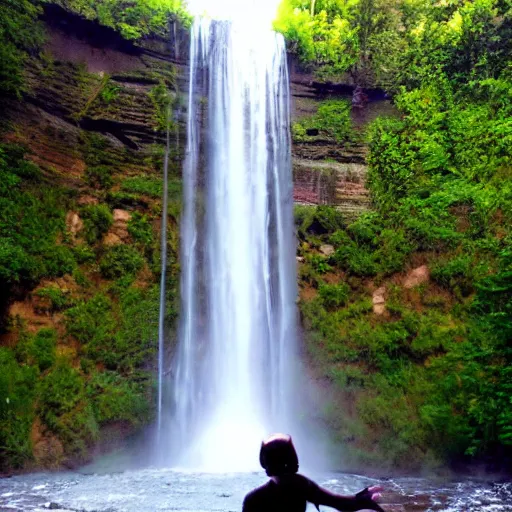 Image similar to [Robot(ian) { eyes(cute huge + luminous + glowing), view(full body + zoomed out), background(solid), pose(arms up + enjoyment + dancing), waterfall(beautiful, lushious, large)}]