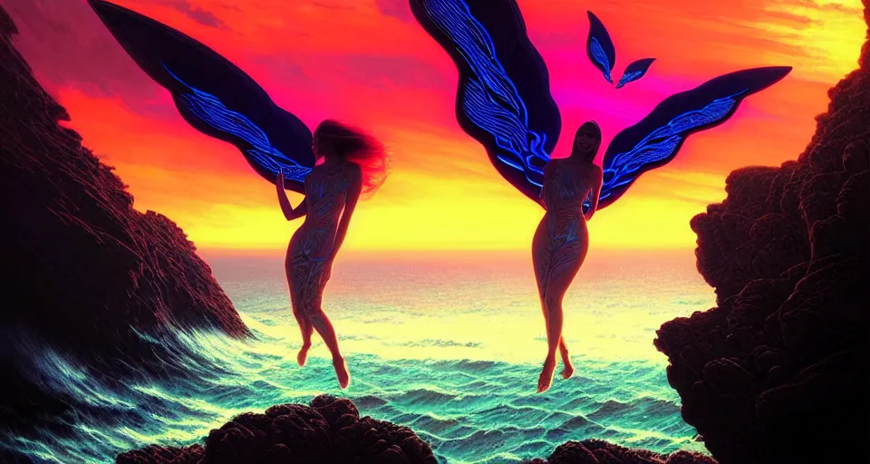 Image similar to psychedelic tron wings in front mind bending sunset, cliffside ocean scene, backlit, aesthetic, surreal, diffuse lighting, hyper realistic, elegant, intricate, hyper detailed, smooth, sharp focus, concept art, illustration, trending on artstation, art by artem demura, greg rutkowski, james gurney, and alphonse mucha