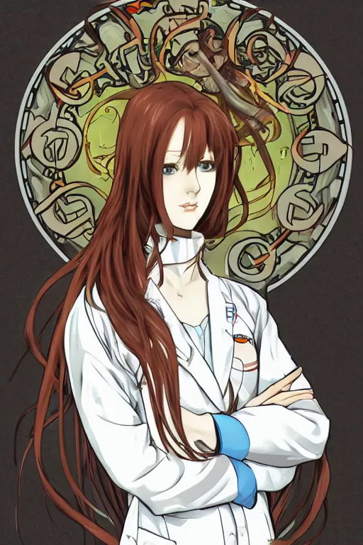 Image similar to Kurisu Makise in long lab coat tonemapped in the style of Ayami Kojima and Alphonse Mucha