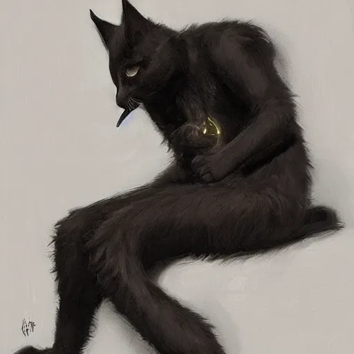 Prompt: black cat, humanoid features, Greg Rutkowski