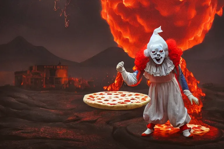 Image similar to pennywise as pulcinella! making pizza, vesuvius spewing lava in the background, glowing pools of lava, dark cloudy sky, by esao andrews, by james jean, full body, wide angle, post - apocalyptic, hyperrealistic, big depth of field, 3 d octane render, 4 k, perfect symmetrical face, masterpiece, hyperrealistic, trending on deviantart