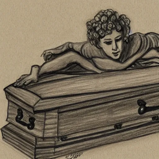 Image similar to a coffin and a drawing angel in the style of sempe