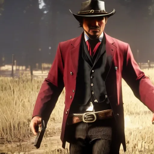 Prompt: a man wearing suit in red dead redemption 2