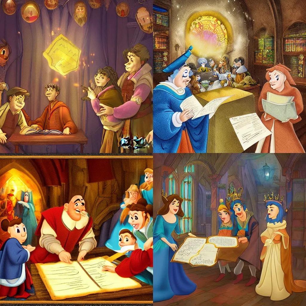 Prompt: surprised scholars looking at a magical parchment emitting magic dust high detail digital art disney style