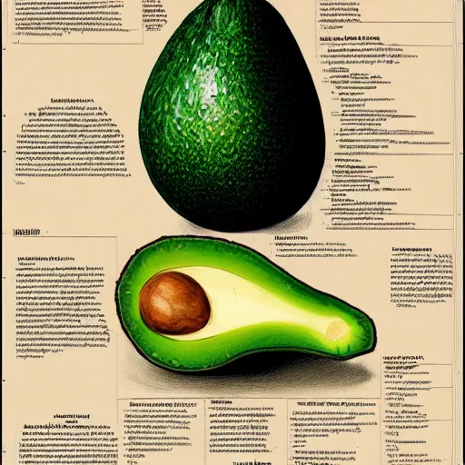 Image similar to anatomy of a avocado, da vinci notes, ultradetailed, anatomy study, artstation