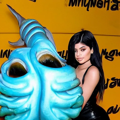 Image similar to kylie jenner being lickjed menacingly by an xenomorph, highly detailed, photorealistic, hyper realistic, slime, saliva, smooth