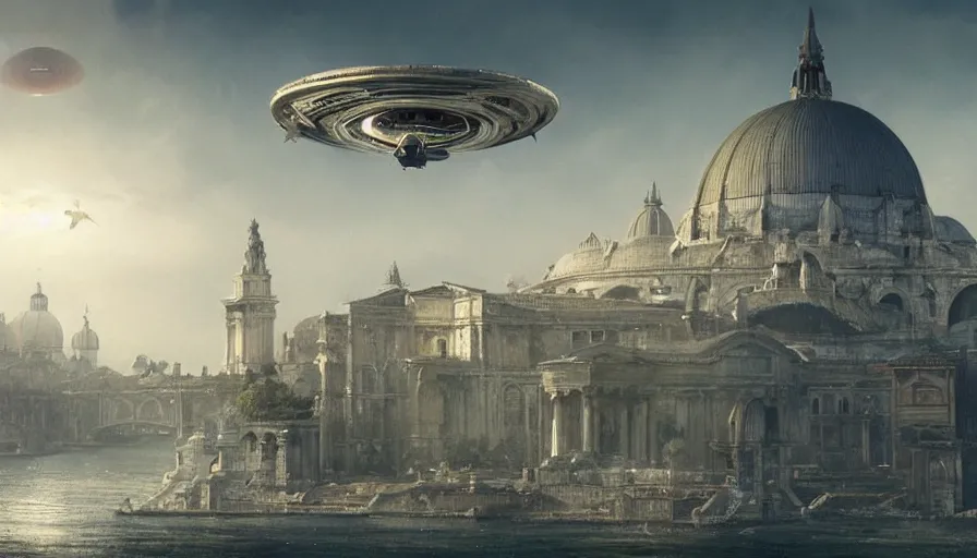 Prompt: a gargantulan alien ufo high tech spaceship eerily hovering on italy venice city landscape with beautiful temples by greg rutkowski, artgerm, ross tran, magali villeneuve, intricate, time travel theme, audince in awe, spectacle, audience sorrounding, award winning, octane render, masterpiece, 8 k, beautiful