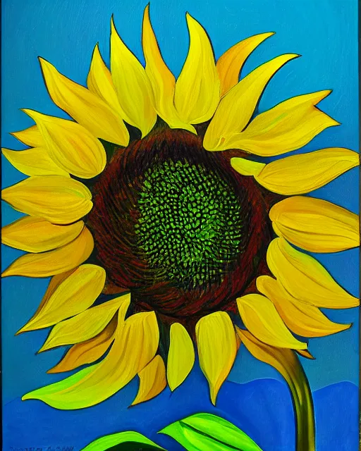 Prompt: painting of a sunflower by Georgia O'Keefe, oil on canvas, stylized, colorful, loose brush strokes