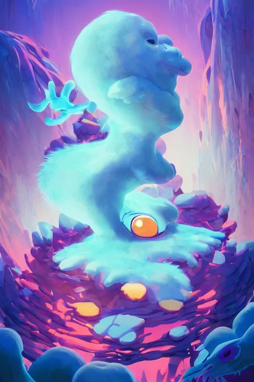 Image similar to smurf ghost creature animal sushi cristal very big eye roots cactus elemental flush of force nature micro world fluo fishscale, behance hd by jesper ejsing, by rhads, makoto shinkai and lois van baarle, ilya kuvshinov, rossdraws radiating a glowing aura global illumination ray tracing hdr