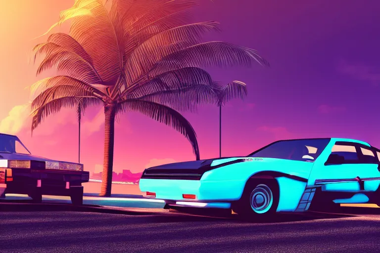 Image similar to render of a nissan driving along the coast highway, synthwave, outrun, 8 0 s, stylistic, neon, palms, 8 k wallpaper, digital art, trending on artstation