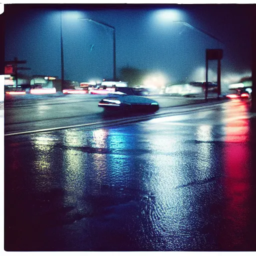 Prompt: “35mm film photography of highways, rain, night, cinestill 800t, grain”