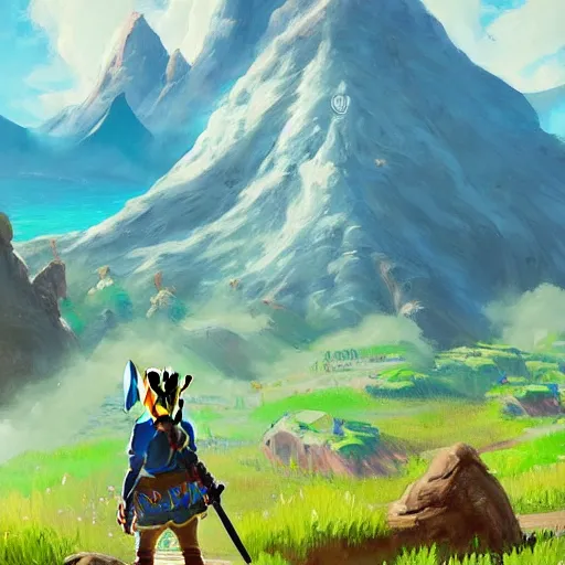 Prompt: oil painting of zelda breath of the wild, mountain in the background. beautiful, rpg, dnd, artstation, artgerm, disney, pixar. epic sense of scale