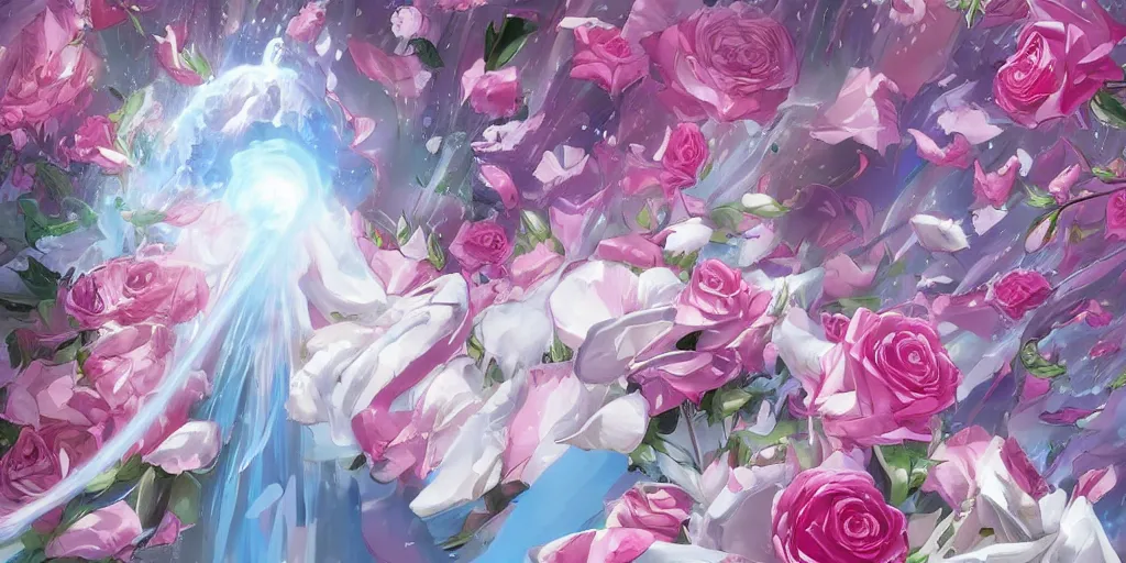 Prompt: background art of magic invisible force blade slicing through a bouquet of white and pink roses, flowers exploding and splattering, big puffy clouds, exploding roses, large rose petals, lotus petals, large polygonal background elements, large polygons, studio ghibli anime, radiant lighting, artgerm, manga, trending on artstation, art nouveau, mature colors