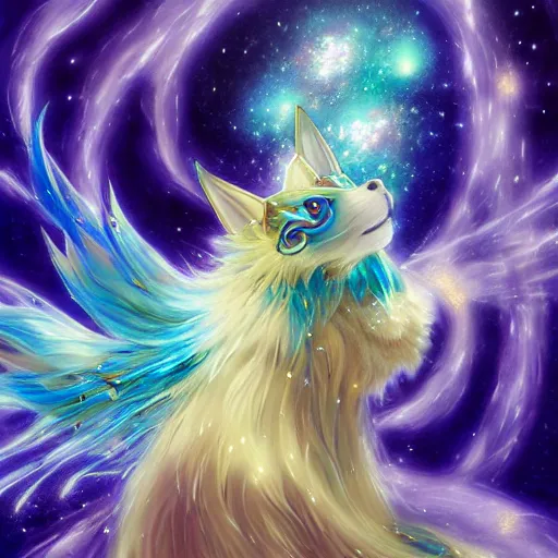 Prompt: dreamy portrait from an anime of an ethereal colorful blue starry fox peacock character with giant golden demonic fangs, wearing star filled mage robes, sitting in an illuminated observatory at night, art by yuji ikehata, background art by miyazaki and art direction from the last unicorn film, realism, detailed, proper human proportions, fully clothed