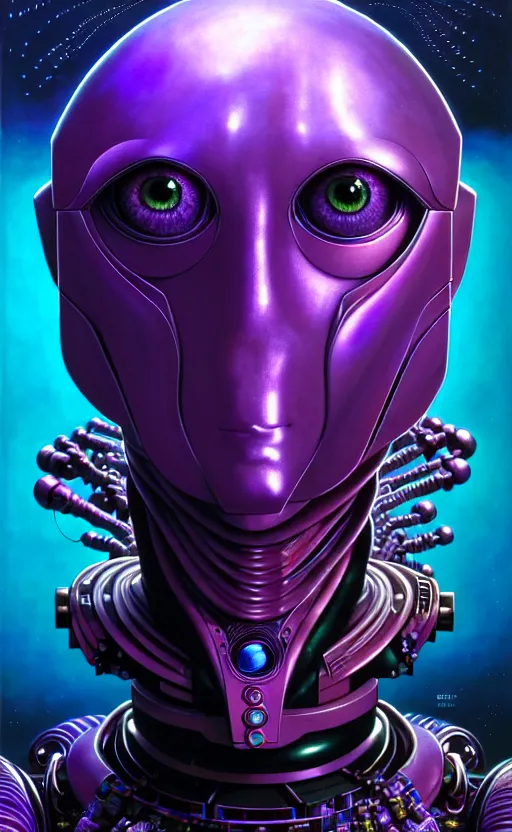 Prompt: friendly humanoid robot, big faceted eyes portrait bust, symmetry, faded purple colors, exotic alien features, cypherpunk background, tim hildebrandt, wayne barlowe, bruce pennington, donato giancola, larry elmore, masterpiece, trending on artstation, featured on pixiv, cinematic composition, beautiful lighting, hyper detailed, 8 k, unreal engine 5