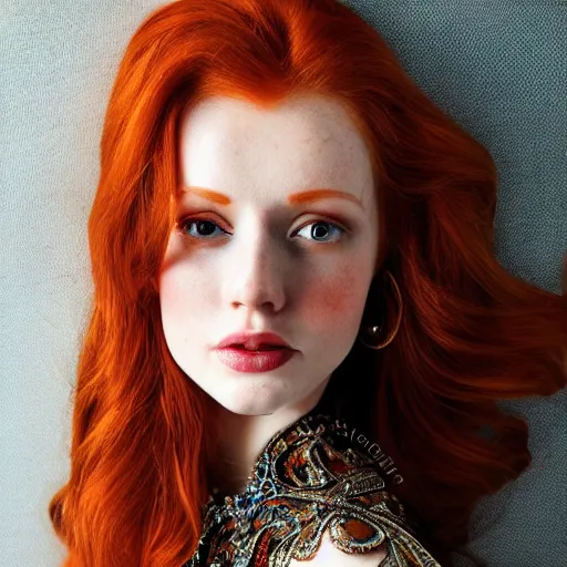 Prompt: beautiful redhead woman, Photography, Glamor Shot, Portrait, 35mm, Closeup, First-Person, Happy, Powerful, Perfectionism, insanely detailed and intricate, hypermaximalist, elegant, ornate, hyper realistic, super detailed