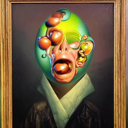 Prompt: refined gorgeous colorful blended oil painting with black background by christian rex van minnen rachel ruysch dali todd schorr of a chiaroscuro portrait of an extremely bizarre disturbing mutated man with shiny skin acne intense chrome reflections chiaroscuro cast shadows obscuring features dramatic lighting perfect composition masterpiece