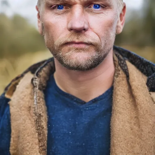 Prompt: close up of face of 4 0 year old anglo slavic blond man with blond stubble, very short wavy blond hair, very dark blue eyes, portrait, 4 k