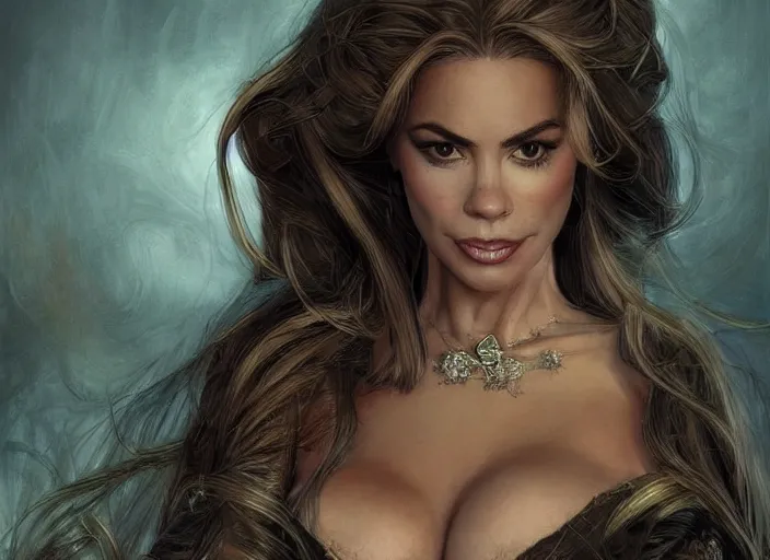 Image similar to sofia vergara as a heroine with a dress inspired by american horror story, digital painting, artstation, concept art, smooth, sharp focus, illustration, in - frame, centered, art by artgerm and donato giancola and joseph christian leyendecker, ross tran, wlop