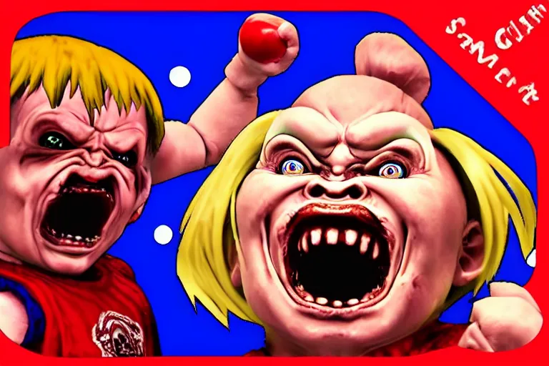 Prompt: screaming chucky doll as a character in street fighter arcade game