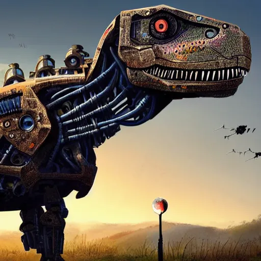 Image similar to a portrait photograph of a robot T-rex made of mechanical parts, cartoonish psychedelic paleoart rendering, realistic dinosaur cyborg in the style of simon stålenhag