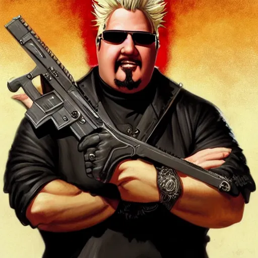 Prompt: portrait of guy fieri wielding handguns, ethereal, handsome, d & d, fantasy, intricate, elegant, highly detailed, digital painting, artstation, concept art, matte, sharp focus, illustration, art by artgerm and greg rutkowski and alphonse mucha