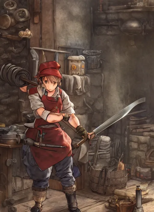 Prompt: character portrait of a blacksmith tomboy pounding a rod of hot iron on an anvil at the smithy, hidari, color page, tankoban, 4K, tone mapping, Akihiko Yoshida.