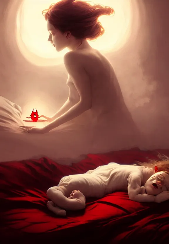 Prompt: a smoke demon with red eyes floating above the bed of a sleeping child, fantasy magic, dark light night, intricate, elegant, sharp focus, illustration, highly detailed, digital painting, concept art, matte, art by wlop and artgerm and greg rutkowski and alphonse mucha, octane render, 4 k, masterpiece