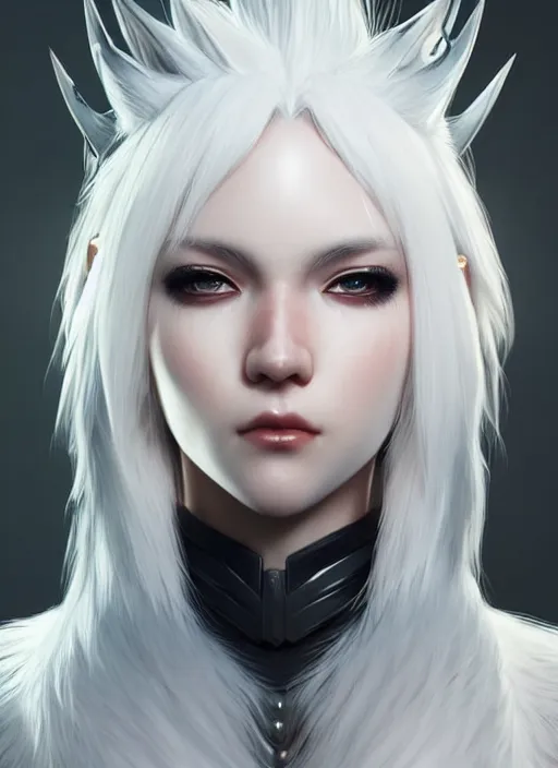 Image similar to fur - lined armor!!! beautiful and elegant white haired female!! gorgeous ayes!! character concept art, sharp focus, octane render! unreal engine 5! highly rendered!! trending on artstation!! detailed linework!! illustration by artgerm, wlop, and chie yoshii