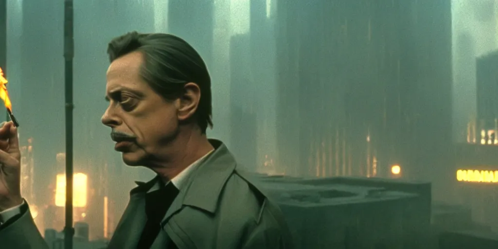 Image similar to beautiful cinematic film still of steve buscemi smoking a cigarette on a building top overlooking the rainy city in blade runner, 4 k