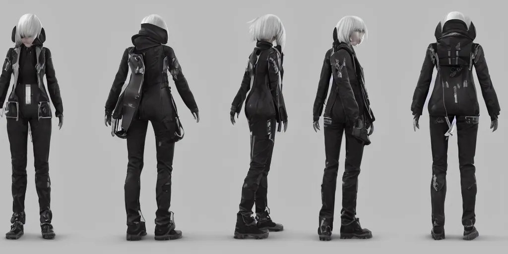 Image similar to a woman in scientist's jacket with a system of straps and pouches for collecting material by Tetsuya Nomura, trending on artstation and pixiv clean sci-fi concept art and sheet that using unreal engine 5 render and hyper detailed 3D texture with cinematic software light