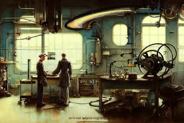 Image similar to ( ( ( ( ( 1 9 5 0 s retro science fiction mechanics shop interior scene. muted colors. ) ) ) ) ) by jean - baptiste monge!!!!!!!!!!!!!!!!!!!!!!!!!!!!!!