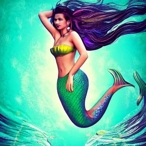 Prompt: Dua Lipa as a mermaid, underwater, colorfull, high detail, cinematic, digital art