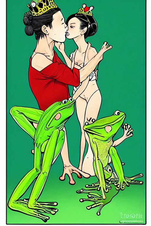 Image similar to frog prince kiss girl, realistic, art by tafy laplanche, colored by zeng fanzhi